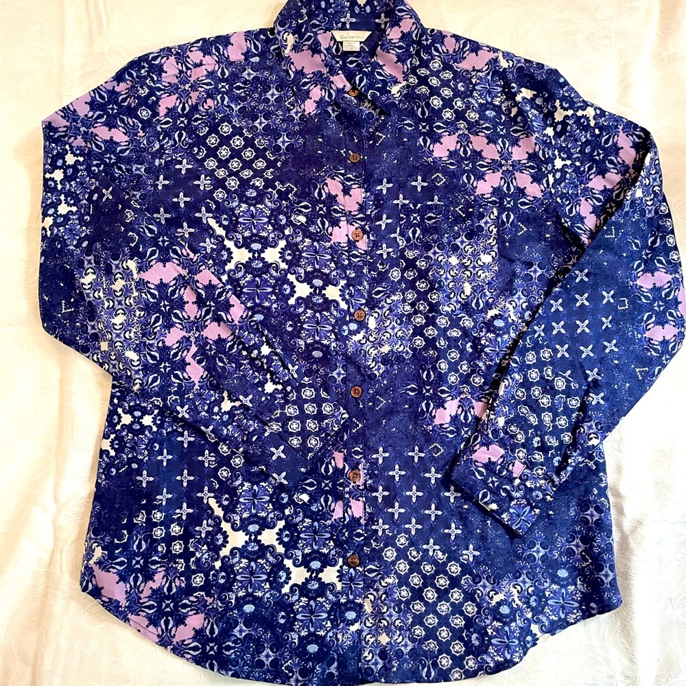 Garnet Hill blue and lavender silk blouse.